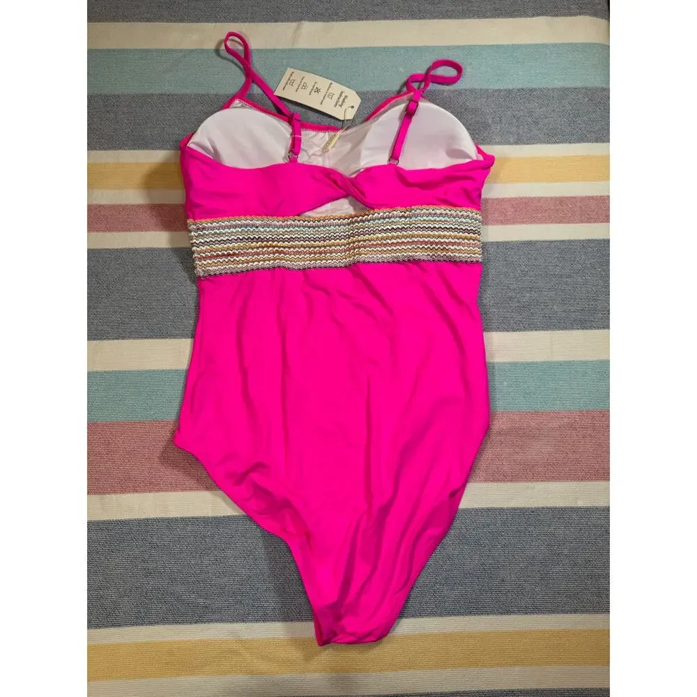 NWT Hot Pink One Piece Swimsuit with Rainbow Smocked Band – Size M - Picture 5 of 6
